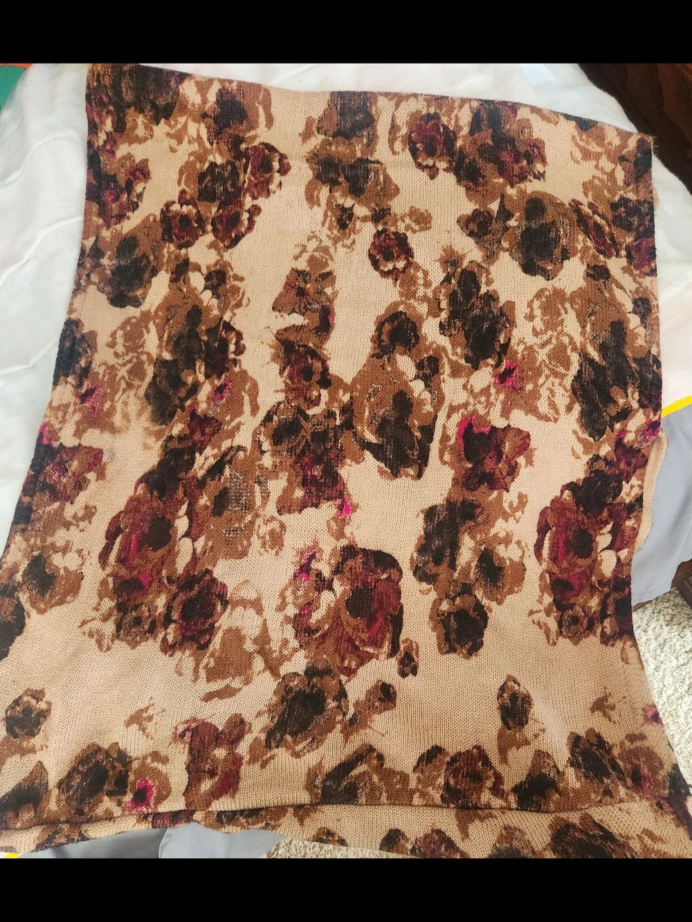 Floral Knit Scarf in Beige, Brown & Burgundy One Size Fits All
